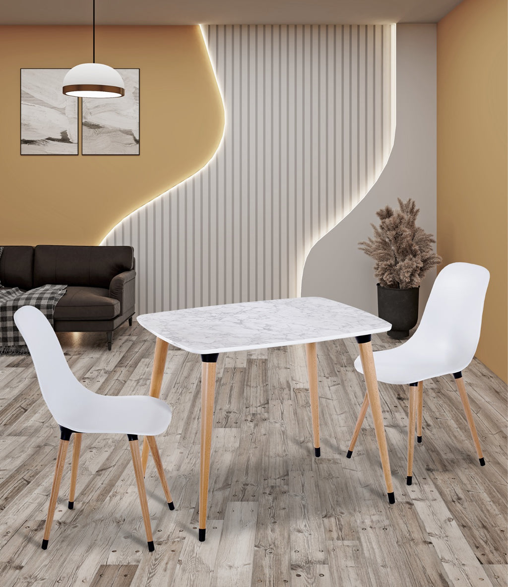 70x90 Beyaz Mermer Desenli Masa ve 2 Beyaz Sandalye Takımı Ahşap Ayaklı | Fabrikadanal.net