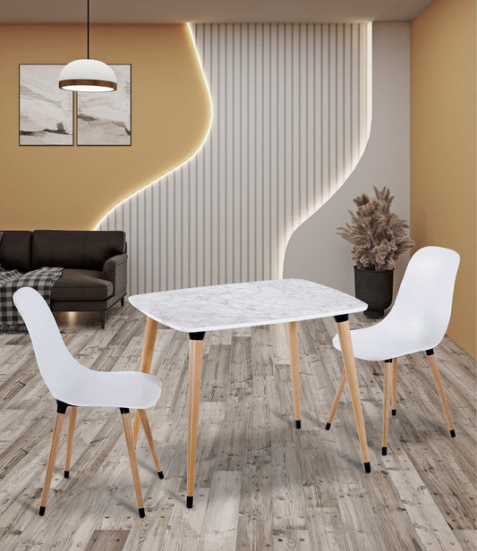 70x90 Beyaz Mermer Desenli Masa ve 2 Beyaz Sandalye Takımı Ahşap Ayaklı | Fabrikadanal.net