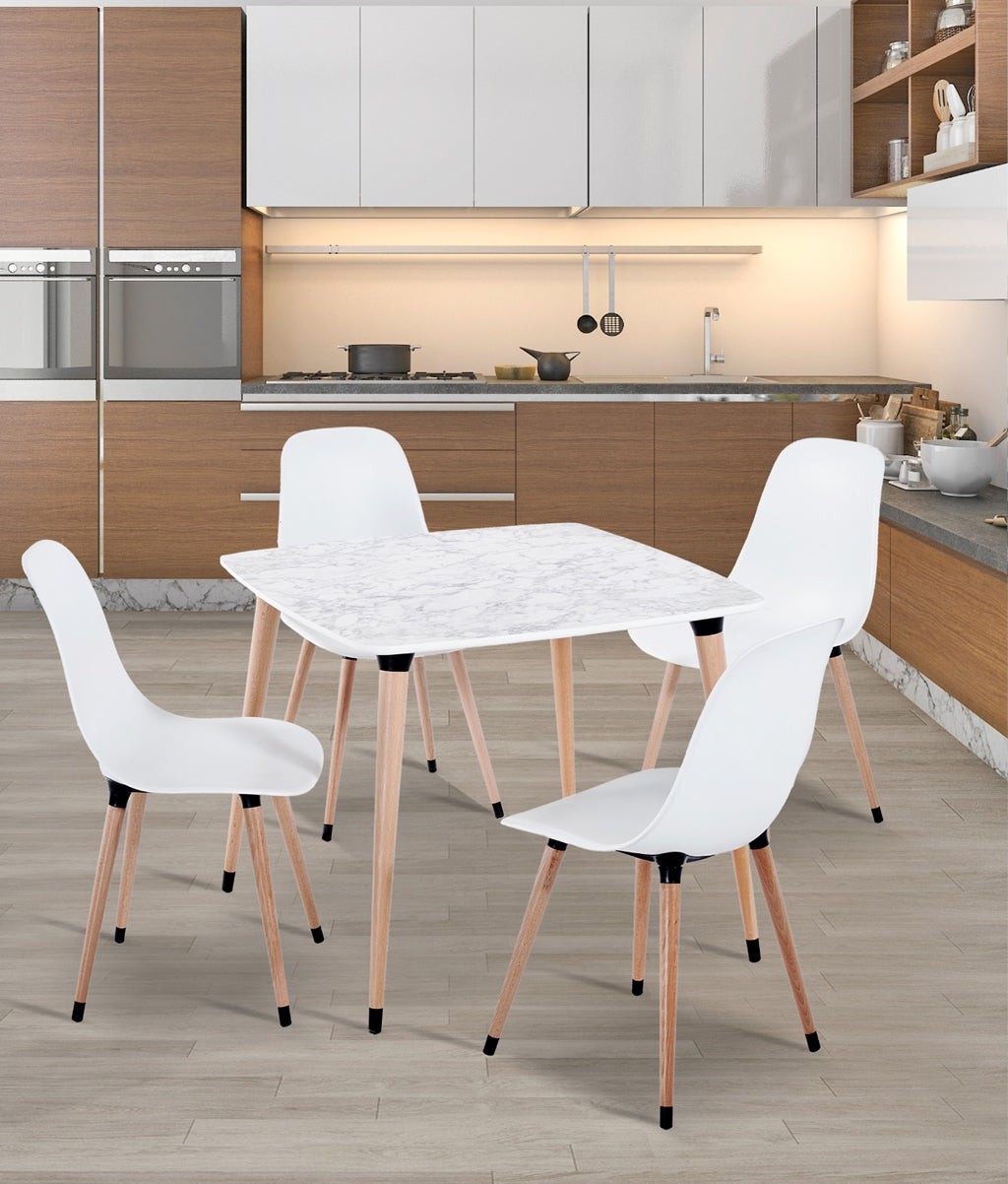 90x90 Beyaz Mermer Desenli Masa ve 4 Beyaz Sandalye Takımı Ahşap Ayaklı