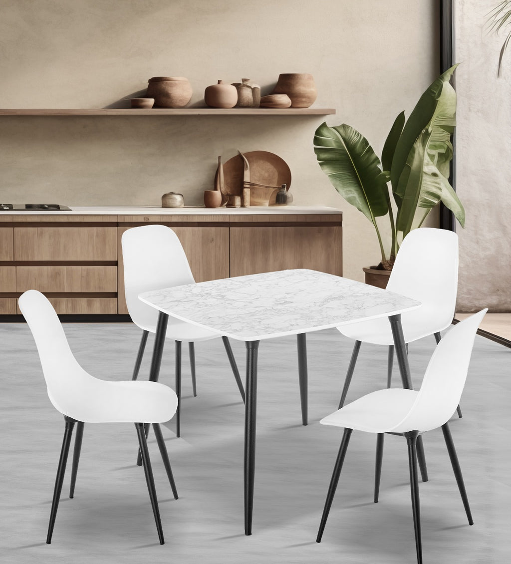 90x90 cm Beyaz Mermer Desenli Masa ve 4 Beyaz Sandalye Takımı Metal Ayaklı