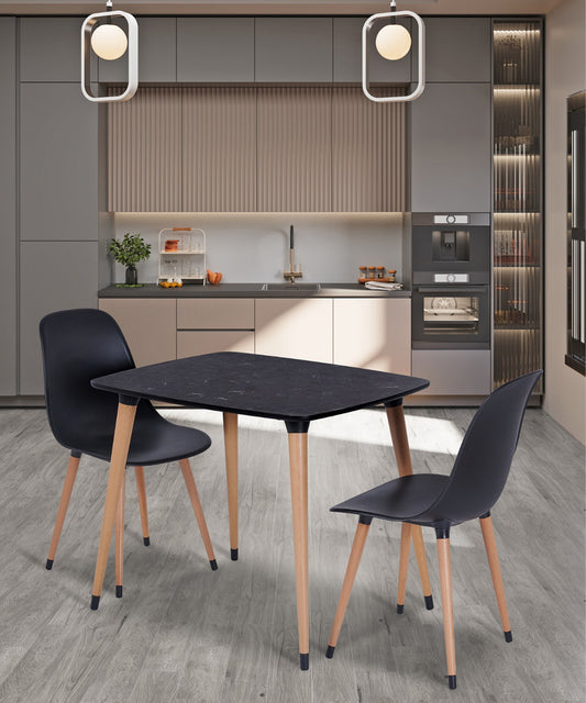 70x90 Black Marble Patterned Table and 2 Black Chair Set with Wooden Legs
