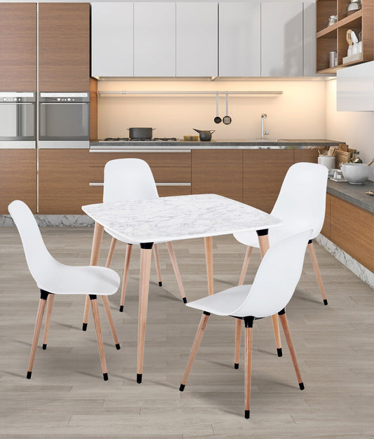 90x90 White Marble Patterned Table and 4 White Chair Set with Wooden Legs