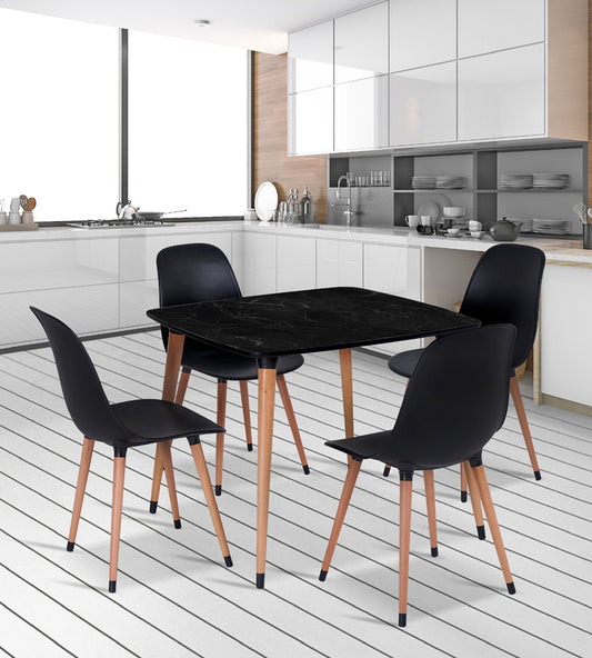 90x90 Black Marble Patterned Table and 4 Black Chair Set with Wooden Legs