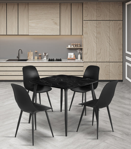 90x90 cm Black Marble Pattern Table and 4 Black Chair Set with Metal Legs