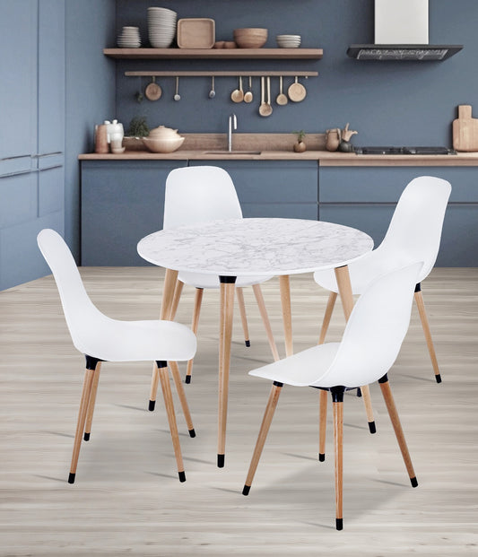 90 cm White Marble Patterned Table and 4 White Chair Set with Wooden Legs