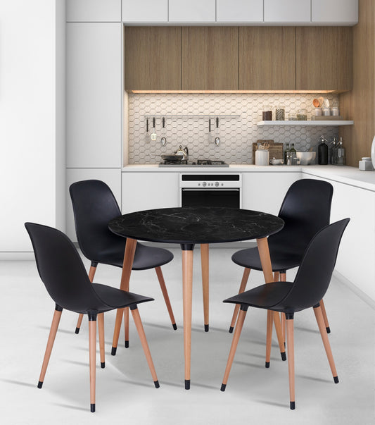 90 cm Black Marble Patterned Table and 4 Black Chair Set with Wooden Legs