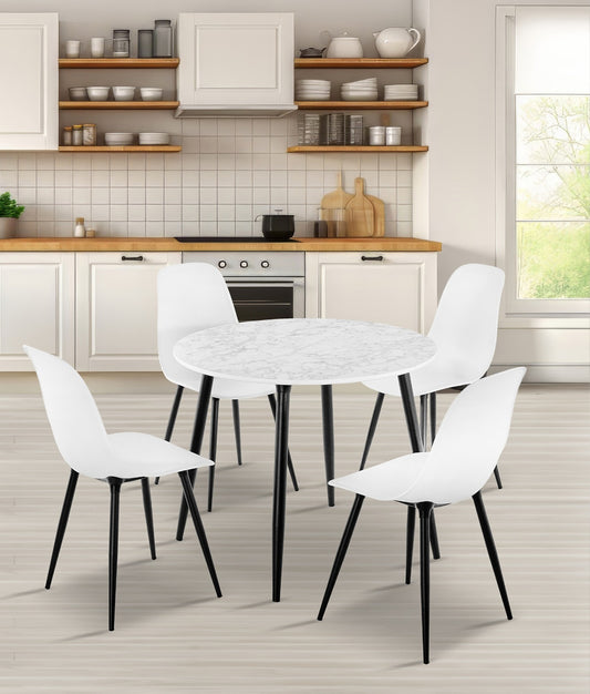 90 cm White Marble Patterned Table and 4 White Chair Set with Metal Legs