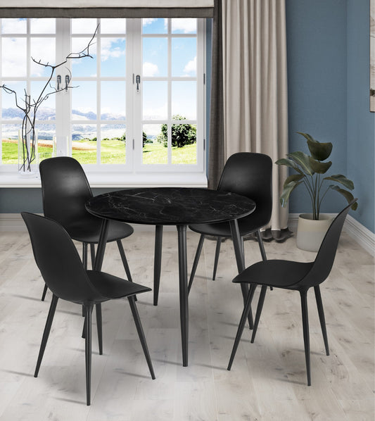 90 cm Black Marble Patterned Table and 4 Black Chair Set with Metal Legs